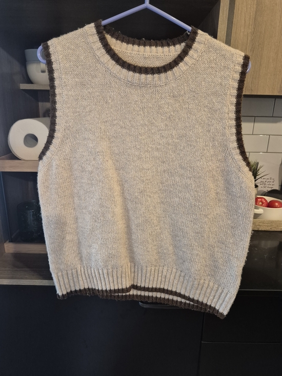 SHEIN Tops - SHEIN Cream Knit Sleeveless Sweater Vest with Brown Trim